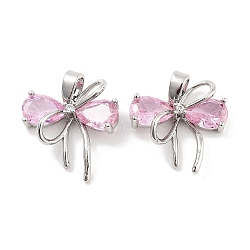 Brass Micro Pave Cubic Zirconia Pendants, Bowknot, Platinum, Pink, 16x15x4mm, Hole: 5x3mm(KK-P271-05P-B)