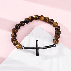 Round Natural Tiger Eye Bead Stretch Bracelets, Stainless Steel Cross Link Bracelets for Women Men, with Synthetic Hematite, Inner Diameter: 2-1/8 inch(5.5cm)(BJEW-F493-08EB-01)