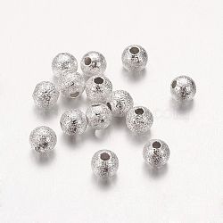 Brass Textured Beads, Nickel Free, Round, Silver Color Plated, 4mm, Hole:1mm(KK-EC247-S-NF)