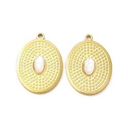 Natural White Shell Pendants, Oval Charms, with Vacuum Plating Real 18K Gold Plated 201 Stainless Steel Findings, Seashell Color, 17x12x2mm, Hole: 1mm(STAS-J401-VC670)