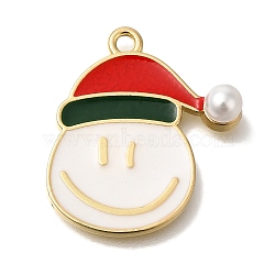 Christmas Theme Alloy Enamel Pendants, with Plastic Imitation Pearl, Golden, Snowman with Hat Charm, Floral White, 22.5x20x5.5mm, Hole: 1.5mm(ENAM-B025-02G-01)