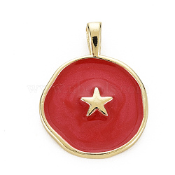 Brass Enamel Pendants, Cadmium Free & Nickel Free & Lead Free, Real 16K Gold Plated, Flat Round with Star, FireBrick, 20.5x15.5x4.5mm, Hole: 2.5x3mm(KK-Q283-057B-NR)