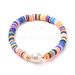 Polymer Clay Heishi Beads Stretch Bracelets, with Acrylic Imitation Pearl Beads and Brass Beads, Colorful, Inner Diameter: 2-1/4 inch(5.6cm)(BJEW-JB05707-04)