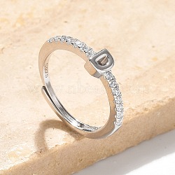 S925 Sterling Silver Adjustable Letter Rings for Women, with Micro Pave Cubic Zirconia, Letter D, 2mm,US Size 5 1/2(16.1mm), Letter: 5x4mm(RJEW-M068-01P-D)