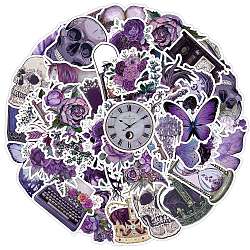 50Pcs Waterproof PVC Sticker Labels, Self-adhesive Skull & Butterfly & Clock Decals, for Suitcase, Skateboard, Refrigerator, Helmet, Mobile Phone Shell, Mixed Shapes, Purple, 40~80mm(PW-WG93943-01)