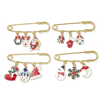 4Pcs 4 Style Christmas Santa Claus Snowman Snowflake Alloy Enamel Pendant Brooches, Golden Stainless Steel Kilt Pins, Mixed Color, 37~42.5x60x7mm, 1pc/style