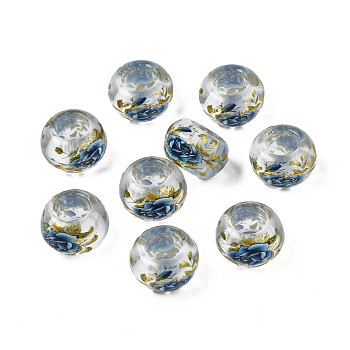 Flower Printed Transparent Acrylic Rondelle Beads, Large Hole Beads, Clear, 15x9mm, Hole: 7mm
