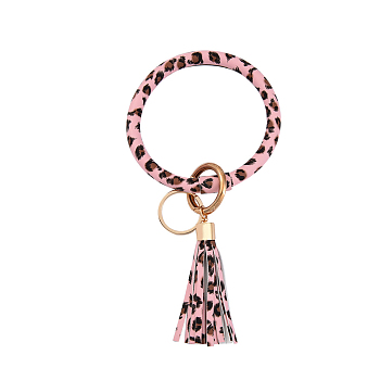 Leopard Print Pattern PU Imitaition Leather Bangle Keychains, Wristlet Keychain with Tassel & Alloy Ring, Pink, 200x100mm