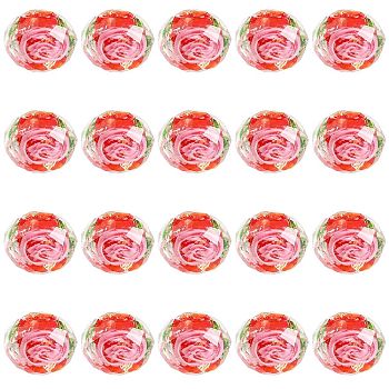 20Pcs Handmade Foil Lampwork Beads, Rondelle with Flower, Faceted, Red, 9.5~10x7.5~8mm, Hole: 1.1~1.5mm