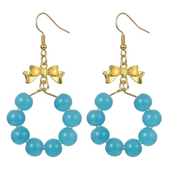 Imitation Jade Glass Beaded Ring Dangle Earrings, Golden Alloy Bowknot Long Drop Earrings, Sky Blue, 63x32mm