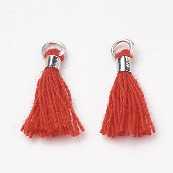 Polycotton(Polyester Cotton) Tassel Pendant Decorations, Mini Tassel, with Brass Findings, Platinum, Red, 10~15x3~4mm, Hole: 2mm