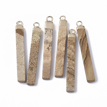 Top Golden Plated Natural Picture Jasper Pendants, with Golden Tone Iron Loops, Bar, 44~45x5.5x3mm, Hole: 2mm