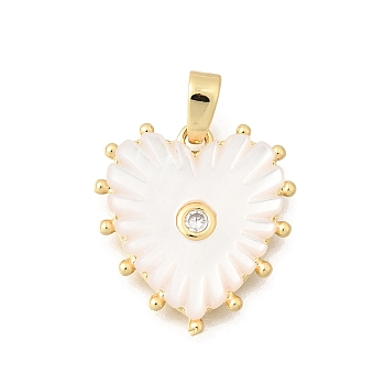 Brass Micro Pave Clear Cubic Zirconia Pendants, Heart Charms, with Shell, Real 18K Gold Plated, 18x6.5x2.5mm, Hole: 2x3.5mm