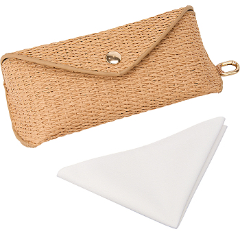 1Pc Rectangle Straw Mat Eyeglass Cases, with Iron Snap Button and 1Pc Suede Fiber Glasses Cleaning Cloth, BurlyWood, 175x80.5x52mm