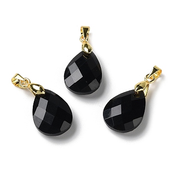 Natural Obsidian Pendants, Teardrop Charms, Faceted, with Ion Plating(IP) Golden Plated Brass Findings, 18x13x6mm, Hole: 4x3.3mm