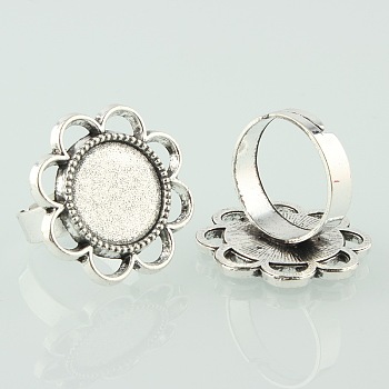 Vintage Adjustable Iron Finger Ring Components Alloy Flower Cabochon Bezel Settings, Cadmium Free & Lead Free, Antique Silver, Flat Round Tray: 14mm, 17mm