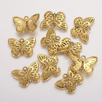 Tibetan Style Alloy Pendants, Lead Free & Cadmium Free & Nickel Free, Butterfly, Antique Golden Color, Size: about 17mm long, 25mm wide, 3mm thick, hole: 2mm