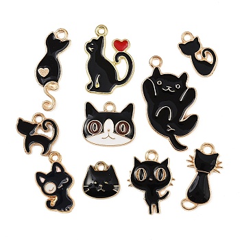 20Pcs 10 Styles Alloy Enamel Pendants, Cat, Black, 11.5~29.5x8~16x1.2~3mm, Hole: 1.4~2mm, 2pcs/style