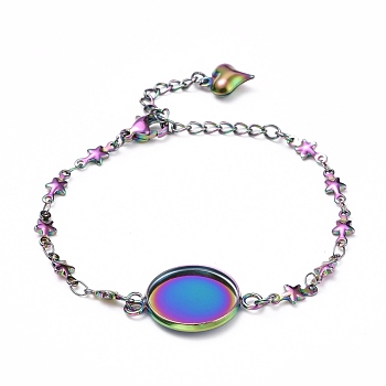 Rainbow Color 304 Stainless Steel Bracelet Making, with Lobster Claw Clasps, Star Link Chains and Flat Round Cabochon Settings, Tray: 16mm, 6-1/8 inch(15.5cm)