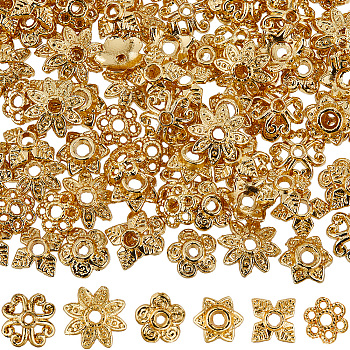 120Pcs 6 Style Alloy Bead Caps, Long-Lasting Plated, Flower, Real 18K Gold Plated, 6~8x1.5~3mm, Hole: 1~1.6mm, 20pcs/style