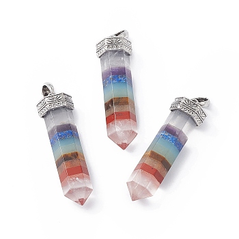 7 Chakra Mixed Gemstone Pointed Big Pendants, Faceted Bullet Charms, with Rack Plating Antique Silver Tone Brass Findings, Cadmium Free & Lead Free, 56x15x15mm, Hole: 7x3~4mm