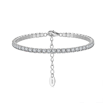 Rhodium Plated Real Platinum Plated 925 Sterling Silver Link Chain Bracelet, Cubic Zirconia Tennis Bracelets, with S925 Stamp, Clear, 6-5/8 inch(16.8cm)