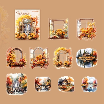 10Pcs 10 Styles Window Scenery Waterproof PET Stickers, Decorative Stickers, for Water Bottles, Luggage, Mobile Phone, Orange, 60~85x64~83x0.1mm, 1pc/style