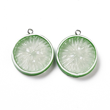 Flat Round Resin Fruit Pendants, Orange Charms, with Platinum Tone Iron Loops, Green, 30x26.5x5.5mm, Hole: 2mm