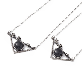 Natural Obsidian Triangle with Flower Pendant Necklace, Antique Silver & Platinum Brass Jewelry for Women, Cadmium Free & Lead Free, 19.76 inch(50.2cm)