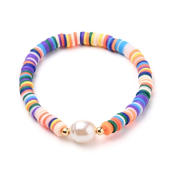 Polymer Clay Heishi Beads Stretch Bracelets, with Acrylic Imitation Pearl Beads and Brass Beads, Colorful, Inner Diameter: 2-1/4 inch(5.6cm)