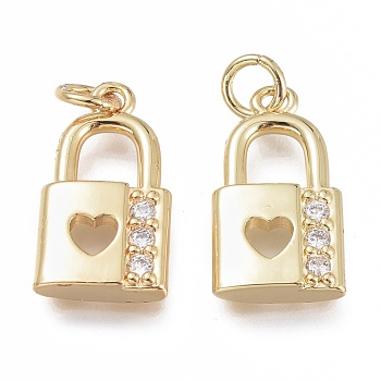 Brass Micro Pave Clear Cubic Zirconia Pendants, with Jump Ring, Lock with Heart, Real 18K Gold Plated, 18x10x3.5mm, Hole: 3mm, Jump Ring:5x0.8