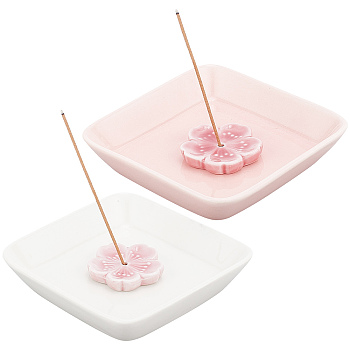 2Pcs Square Handmade Porcelain Jewelry Plate & 2Pcs Sakura Flower Ceramic Incense Burners, Mixed Color, Plate: 115.5x115.5x25.5mm, Inner Diameter: 87.5x87.5mm, 2pcs; Incense Burner: 45x47x8mm, Hole: 3.3mm, 2pcs