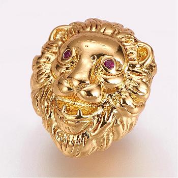 Brass Micro Pave Cubic Zirconia Beads, Lion, Golden, 13x11x10mm, Hole: 3mm