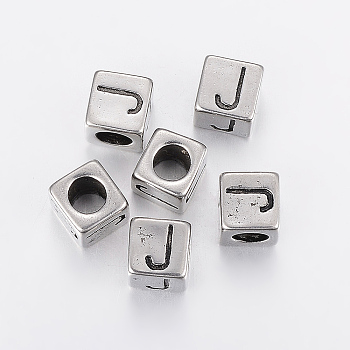 304 Stainless Steel Large Hole Letter European Beads, Cube with Letter.J, Antique Silver, 8x8x8mm, Hole: 5mm