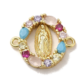 Brass Pave Colorful Cubic Zirconia Connector Charms, Religion Virgin Mary Links, Golden, Oval, 13x14x2mm, Hole: 1mm