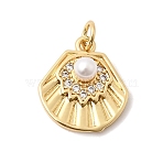 Brass Micro Pave Clear Cubic Zirconia Pendants, with ABS Plastic Imitation Pearl, Cadmium Free & Lead Free, Long-Lasting Plated, Rack Plating, Shell Shape Charms, Real 18K Gold Plated, 16.5x15x6mm, Hole: 3.3mm(KK-Z160-17G-02)