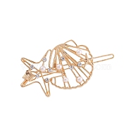 Shell Shape Alloy Hair Bobby Pins, with Rhinestone & Imitation Pearl, Golden, 32x52mm(PW-WG3EFAC-02)