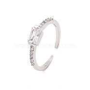 Clear Cubic Zirconia Rectangle Open Cuff Ring, Brass Jewelry for Women, Platinum, Inner Diameter: 17mm(RJEW-B028-14P)