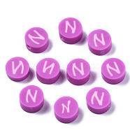 Handmade Polymer Clay Beads, Flat Round with Alphabet, Orchid, Letter.N, 9x3.5~5mm, Hole: 1.6mm(CLAY-N011-031N)