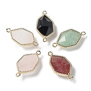 Natural Mixed Gemstone Connector Charms, Faceted Hexagon Links with Golden Plated Brass Edge Loops, 25x13x6.5~7mm, Hole: 1.6~2mm(G-C087-02G-A)