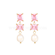 Glass Square Stud Earrings, Natural Pearl Drop Earrings with 304 Stainless Steel Pins, Pink, 40mm(UK2895-4)