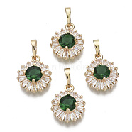 Brass Micro Cubic Zirconia Charms, with Snap on Bails, Flat Round, Light Gold, Green, 15x12x5mm, Hole: 6x4mm(X-KK-N235-032D)