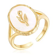 925 Sterling Silver Oval with Tulips Open Cuff Ring, Natural Shell Chunky Finger Ring for Women, Golden, US Size 5 1/4(15.9mm)(JR898B)