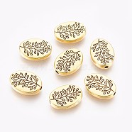 Tibetan Style Alloy Beads, Oval with Leaf, Antique Golden, Lead Free and Cadmium Free and Nickel Free, 14x10x3mm, Hole: 1.5mm(X-GLFH10181Y-NF)