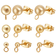 60Pcs 3 Size 202 Stainless Steel Stud Earring Findings, Ball Stud Earring Post with 304 Stainless Steel Pins and Horizontal Loops & 60Pcs Brass Friction Ear Nuts, Real 18K Gold Plated, 14~17x6~9mm, Hole: 1.2~2mm, Pin: 0.8mm, 20Pcs/size(STAS-BBC0002-16)
