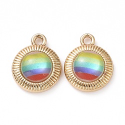Printed Opaque Resin Pendants, with Golden Tone Alloy Findings, Half Round, Colorful, Rainbow Pattern, 19.5x15.5x6mm, Hole: 2.5mm(FIND-E020-07G-03)