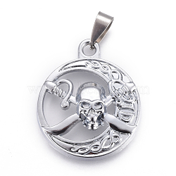 Tibetan Style Alloy Pendants, with Stainless Steel Findings, Flat Round with Skull, Platinum, 35x29x9mm, Hole: 4x9mm(PALLOY-E509-27P)