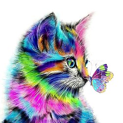 DIY Diamond Painting Canvas Kits For Kids, with Resin Rhinestones, Diamond Sticky Pen, Tray Plate and Glue Clay, Cat with Butterfly, Mixed Color, 40x40cm(DIY-F059-15)