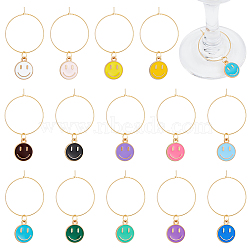 Alloy Enamel Wine Glass Charms, with 316 Surgical Stainless Steel Rings, Smiling Face, Mixed Color, 45mm, 14 colors, 2pcs/color, 28pcs/set(AJEW-AB00103)