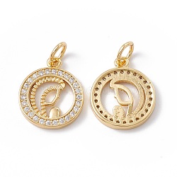 Rack Plating Brass Micro Pave Clear Cubic Zirconia Pendants, with Jump Ring, Cadmium Free & Nickel Free & Lead Free, Flat Round, Real 18K Gold Plated, 15x13x1.7mm, Jump Ring: 5x0.8mm, Inner Diameter: 3.5mm(ZIRC-C040-04G)